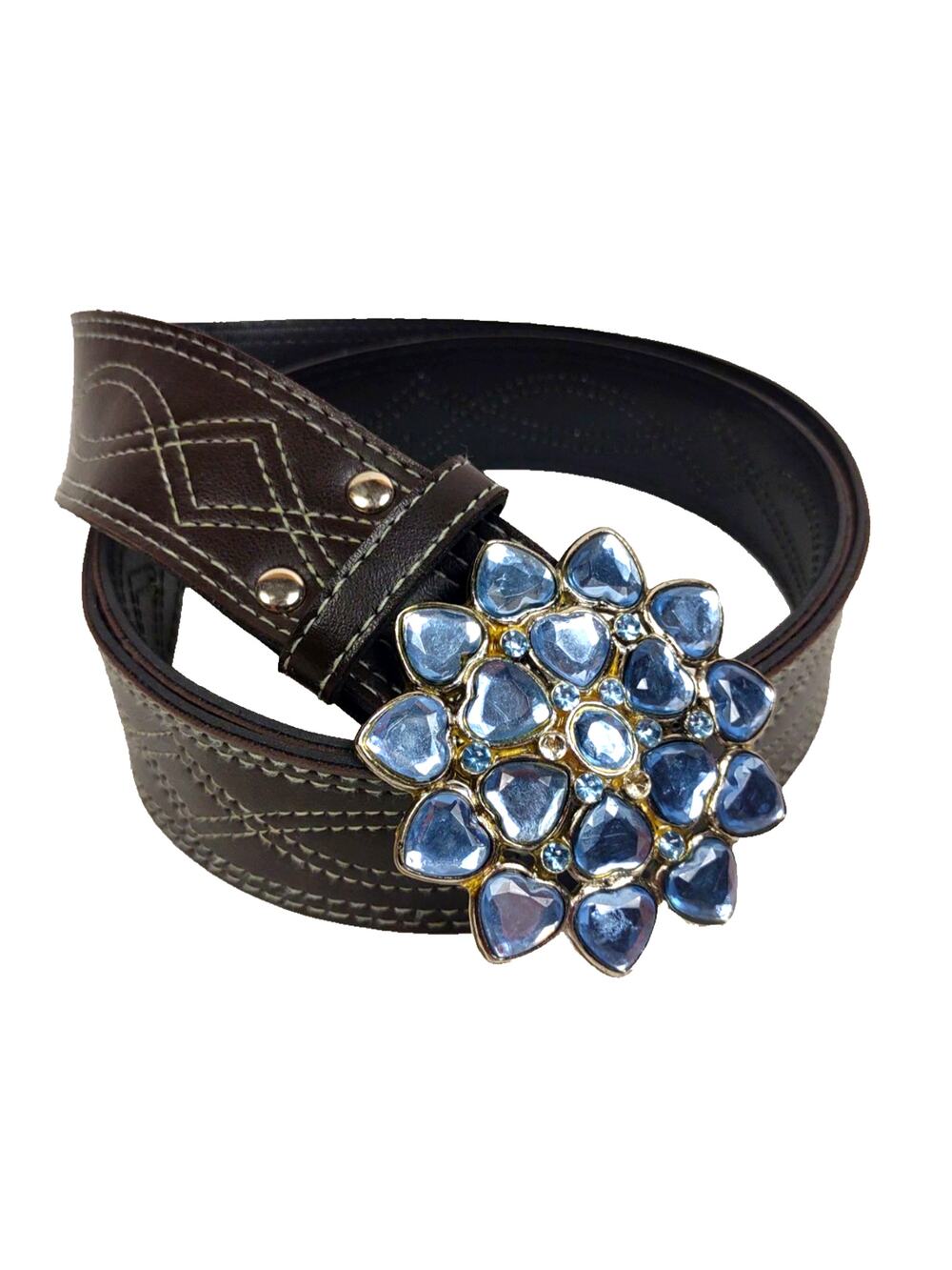Women's Faux Leather Brown Belt w Silver Blue Rhinestone Buckle Size 16
